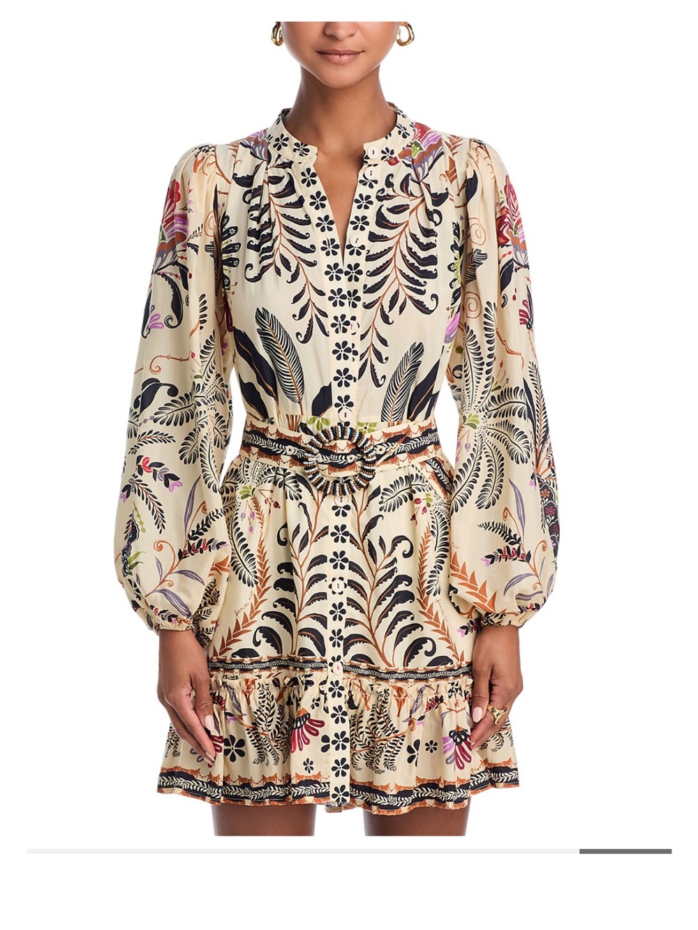 FARM Rio Classic Nature Sand Botanical Print Dress with Beaded Belt Sz L NWT - Picture 3 of 9